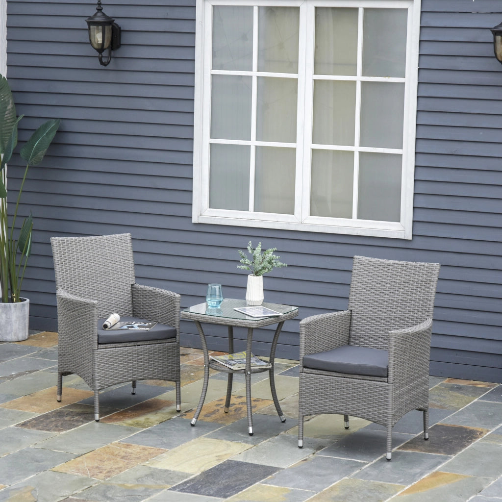 Set 3 Pezzi Salotto Giardino in Rattan PE e Acciaio ¨C zephmum ¨C Grigio con Cuscini e Tavolino Vetro