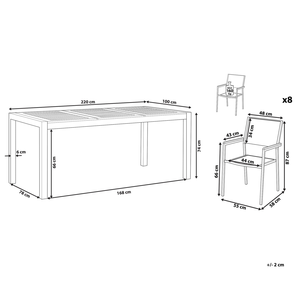Set da pranzo da giardino con piano in legno di eucalipto chiaro e struttura in acciaio 220 x 100 cm con 8 sedie bianche
