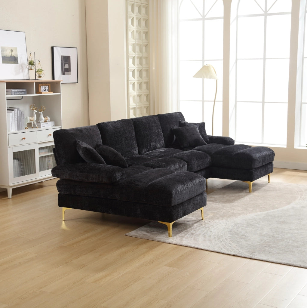 Divano a U 272x136x88 cm con due chaise longue in chenille nero