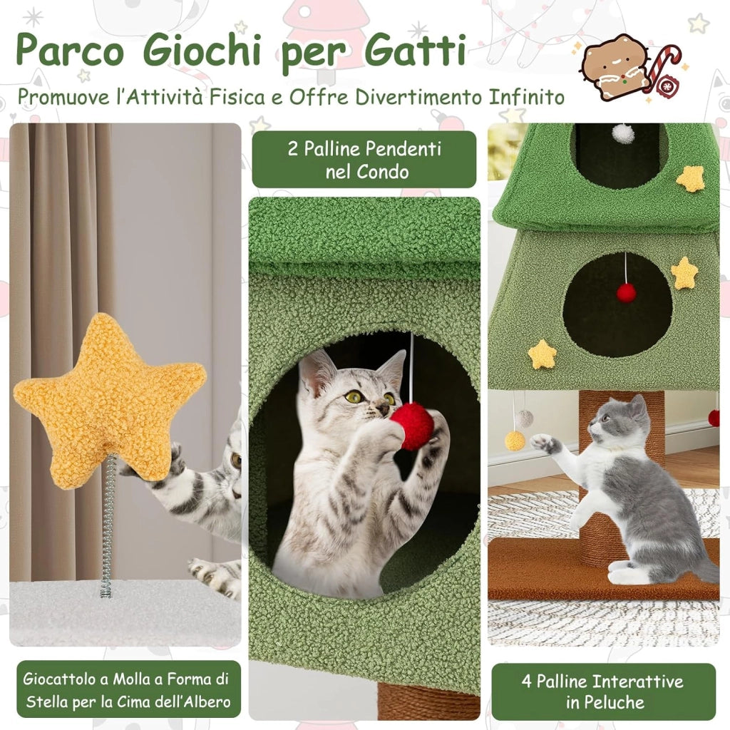 Albero per Gatti da Interno, Tiragraffi per Gatti Alto 162 cm con 3 Condo, Palo Tiragraffi in Sisal e Palline Pendenti, Mobile per Arrampicata per Decorazione Festiva