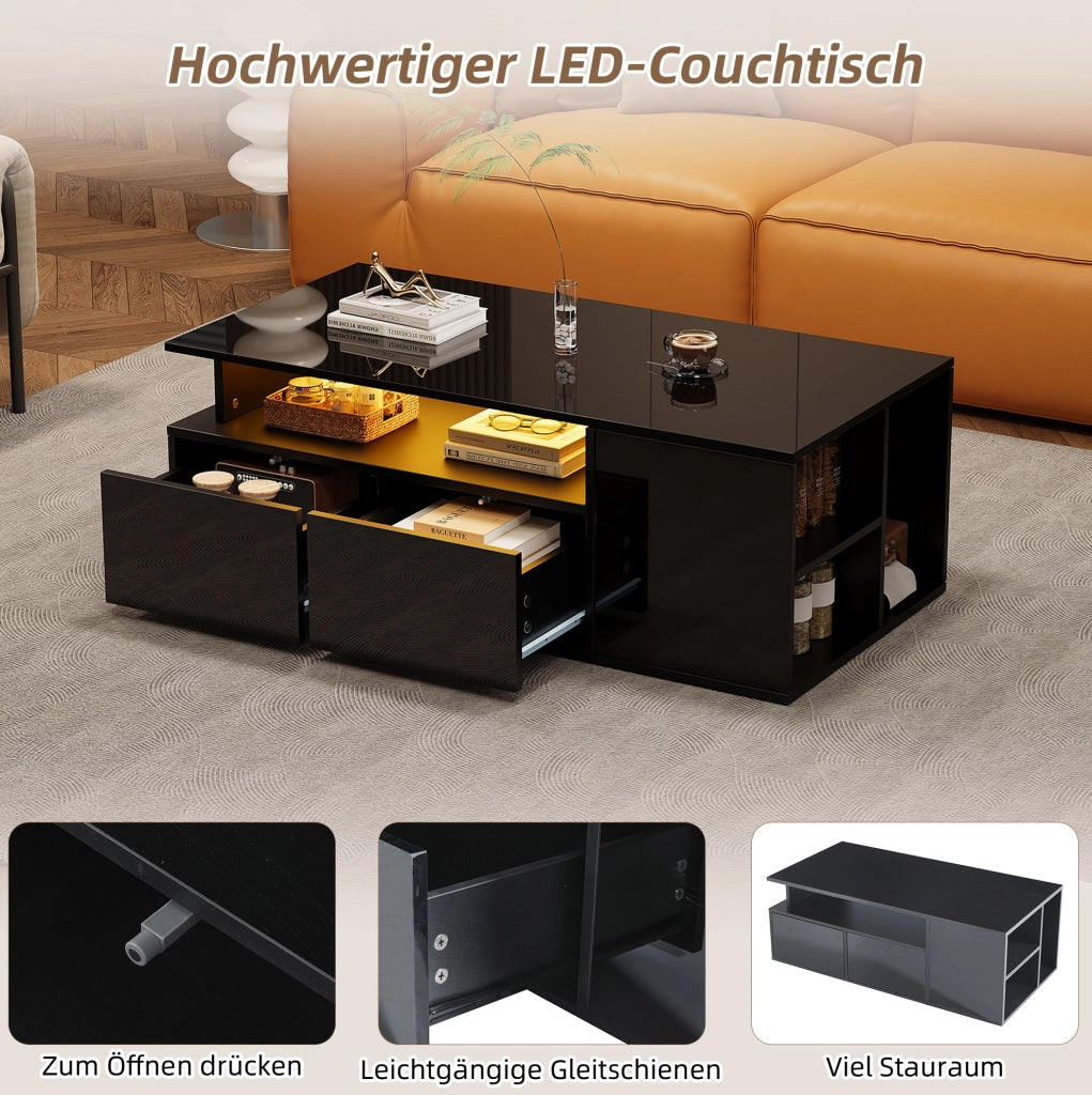 Tavolino da caffè 100x50x35 cm con LED; 2 cassetti; ripiano semiaperto; nero lucido