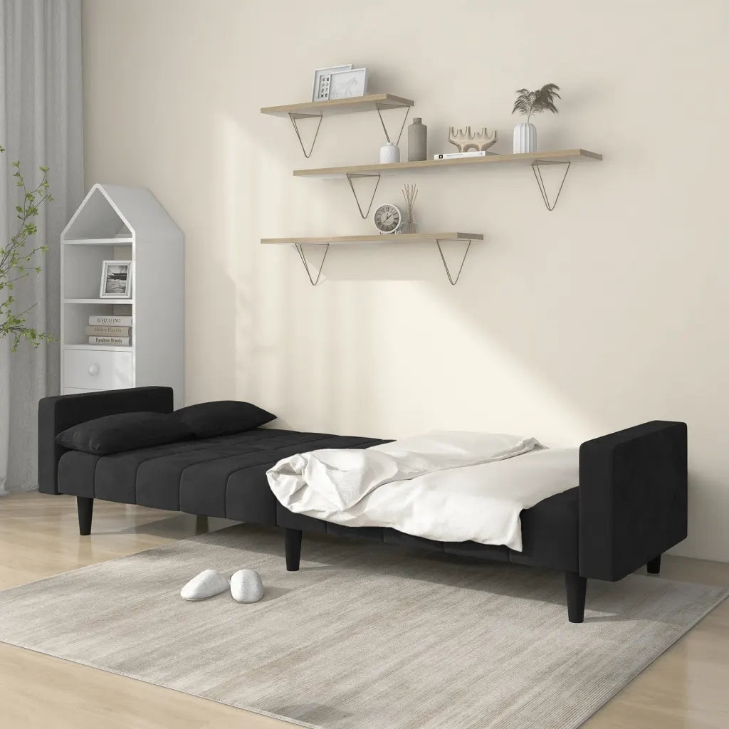 Divano Letto a 2 Posti con 2 Cuscini Nero in Velluto 375850