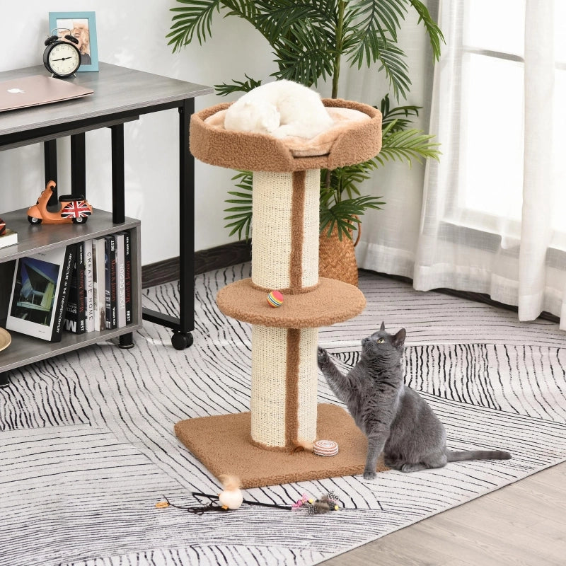 Tiragraffi per gatti 91 cm con piattaforme e cuscino, marrone chiaro