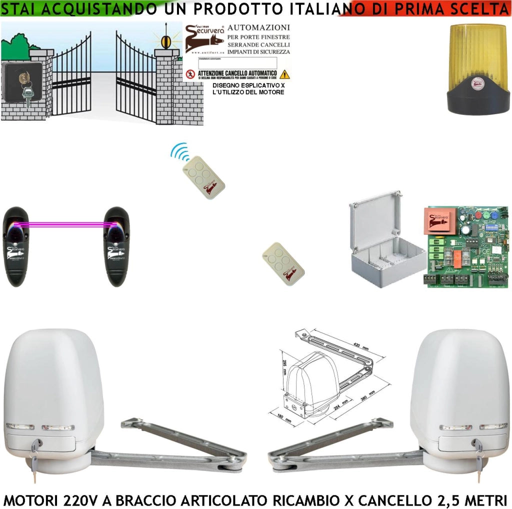 Cancello Elettrico 5 MT 2 Motori 220 V Braccio Articolato Automatismo 2 Ante Battenti da 0,5 Fino a 2,5 Metri Centrale CBR 2 Radiocomandi Fotocellule Selettore