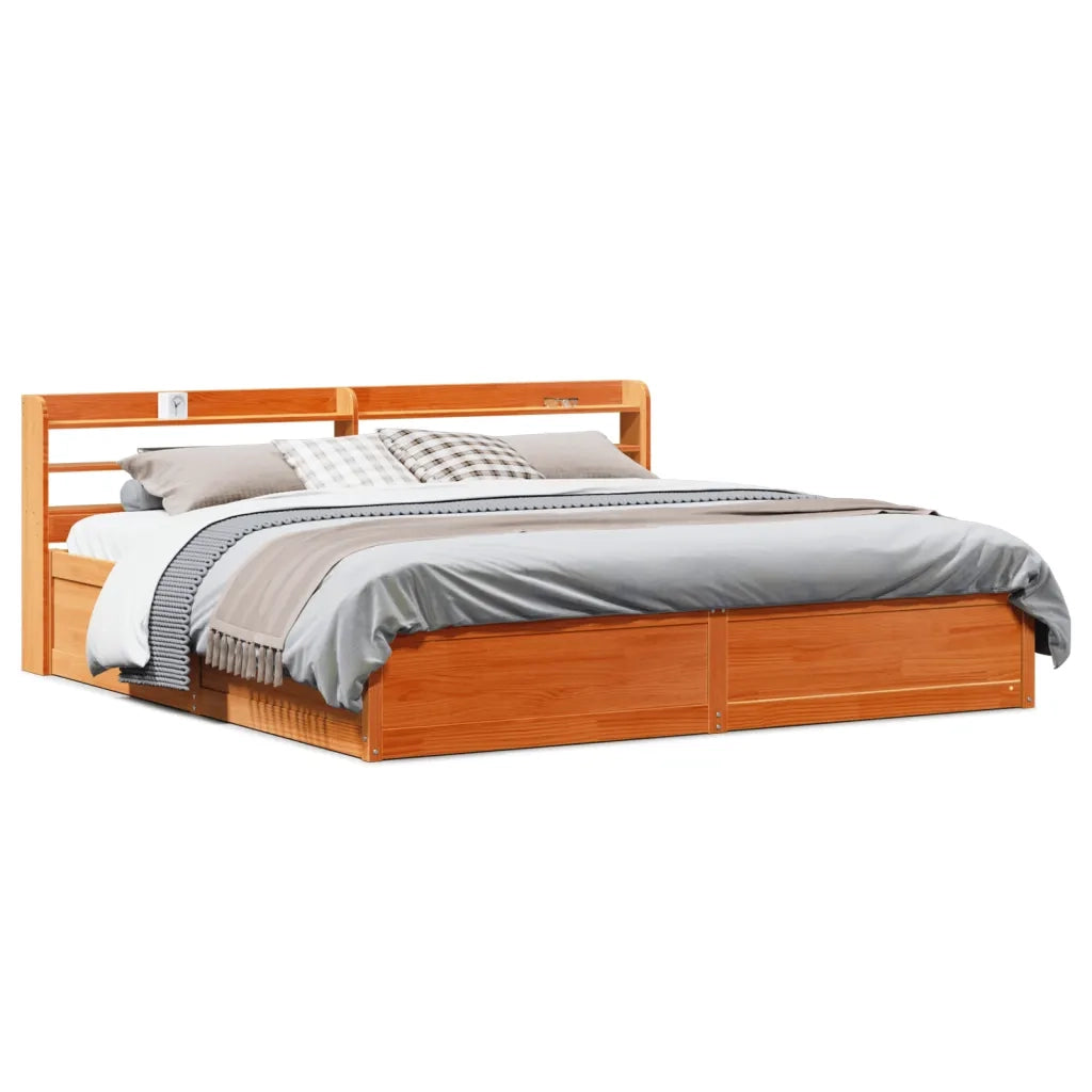 Giroletto con Testiera-Struttura Letto con testiera Marrone Cera 200x200 cm Massello Pino 855333
