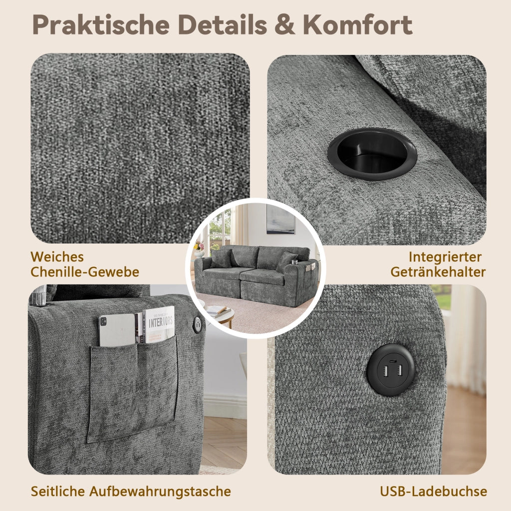 Divano relax 2 posti compatto con tasca laterale portabicchieri e cuscini in chenille grigio per piccoli spazi