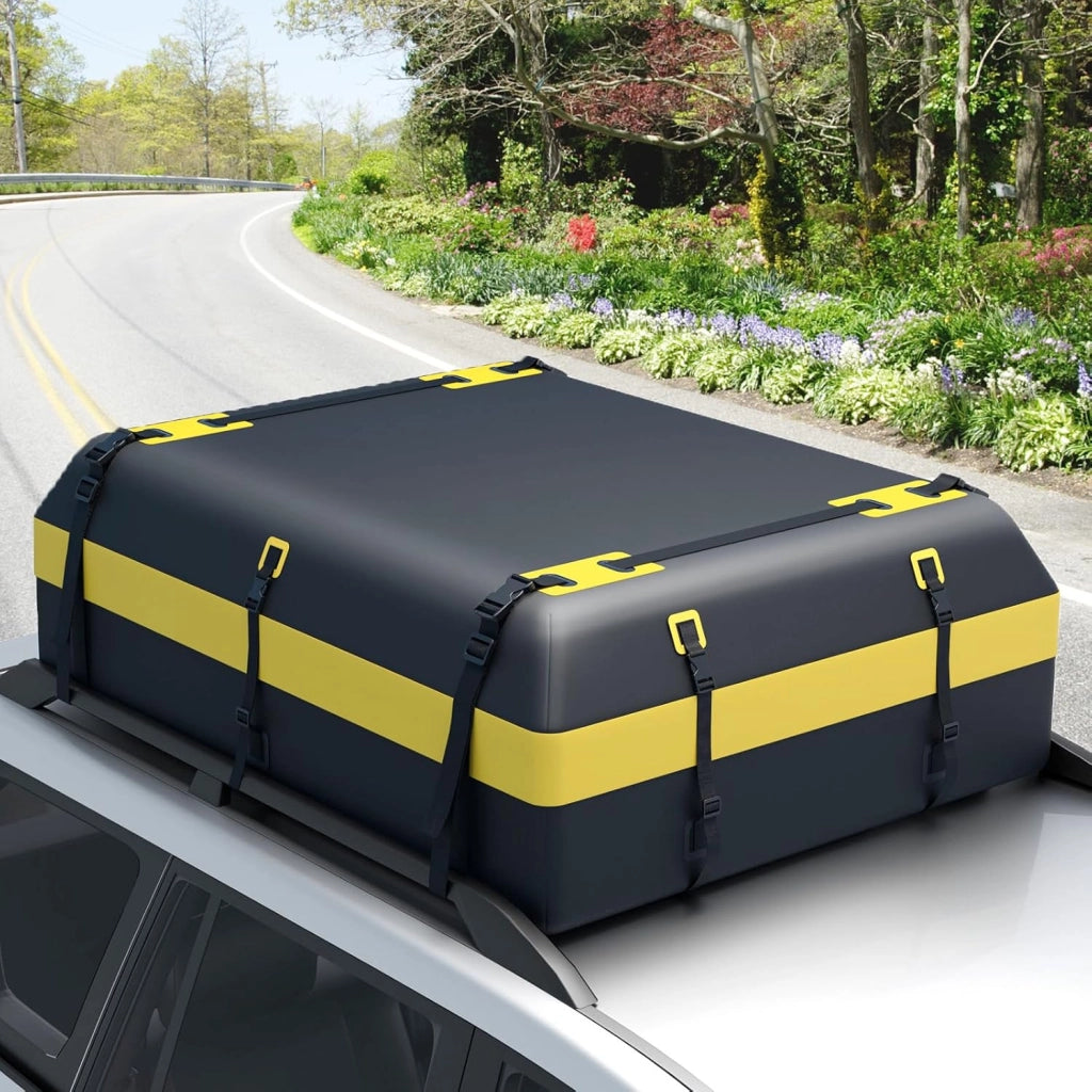 Box Tetto Auto 600 Litri, Portapacchi Auto Tetto 100 X 130 X 44 CM, Impermeabile con Tappetino Antiscivolo e Borsa per il Trasporto, Porta Bagagli Universale per Auto, SUV (Nero+Giallo-600L)