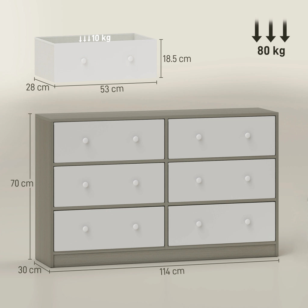 Cassettiera con 6 Cassetti in Tessuto 114x30x70 cm con Maniglie Doppie Struttura in MDF Bianco e Grigio