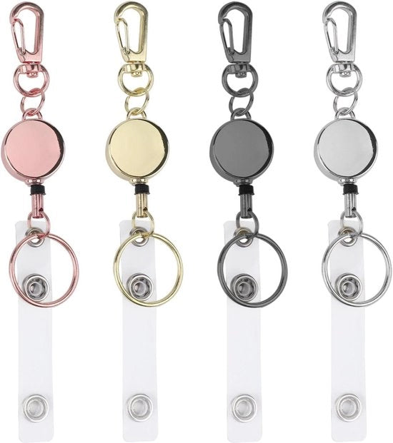 Sleutelhanger Intrekbare con Riemclip e Badge Reel - 4 pezzi, Heavy Duty - Argento, Roségoud, Oro, Grigio - Utile per Carta e Nome - Metallo, Id-Houder - Catena di Chiave