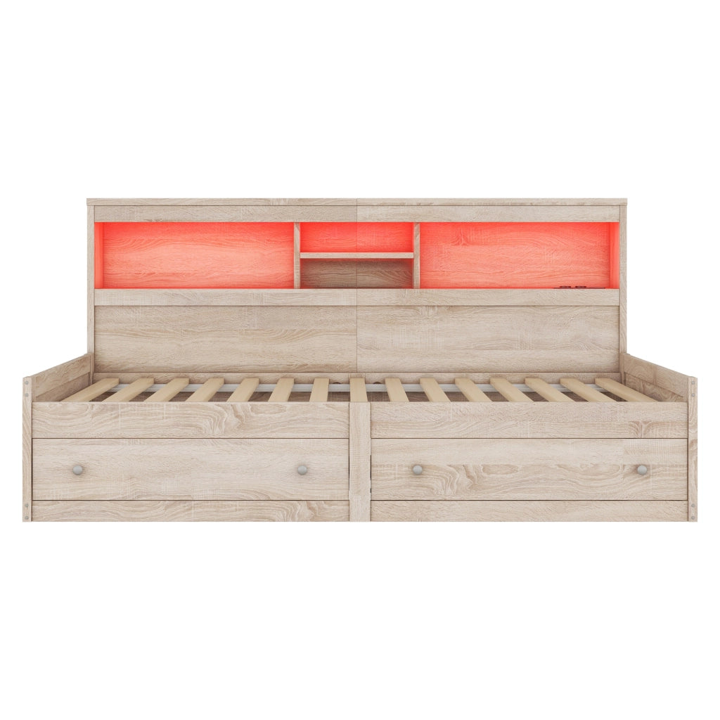 DESMIU Letto a scomparsa 90 × 200 cm 1 posto con 2 cassetti, USB, LED regolabile e 2 prese, senza materasso, naturale