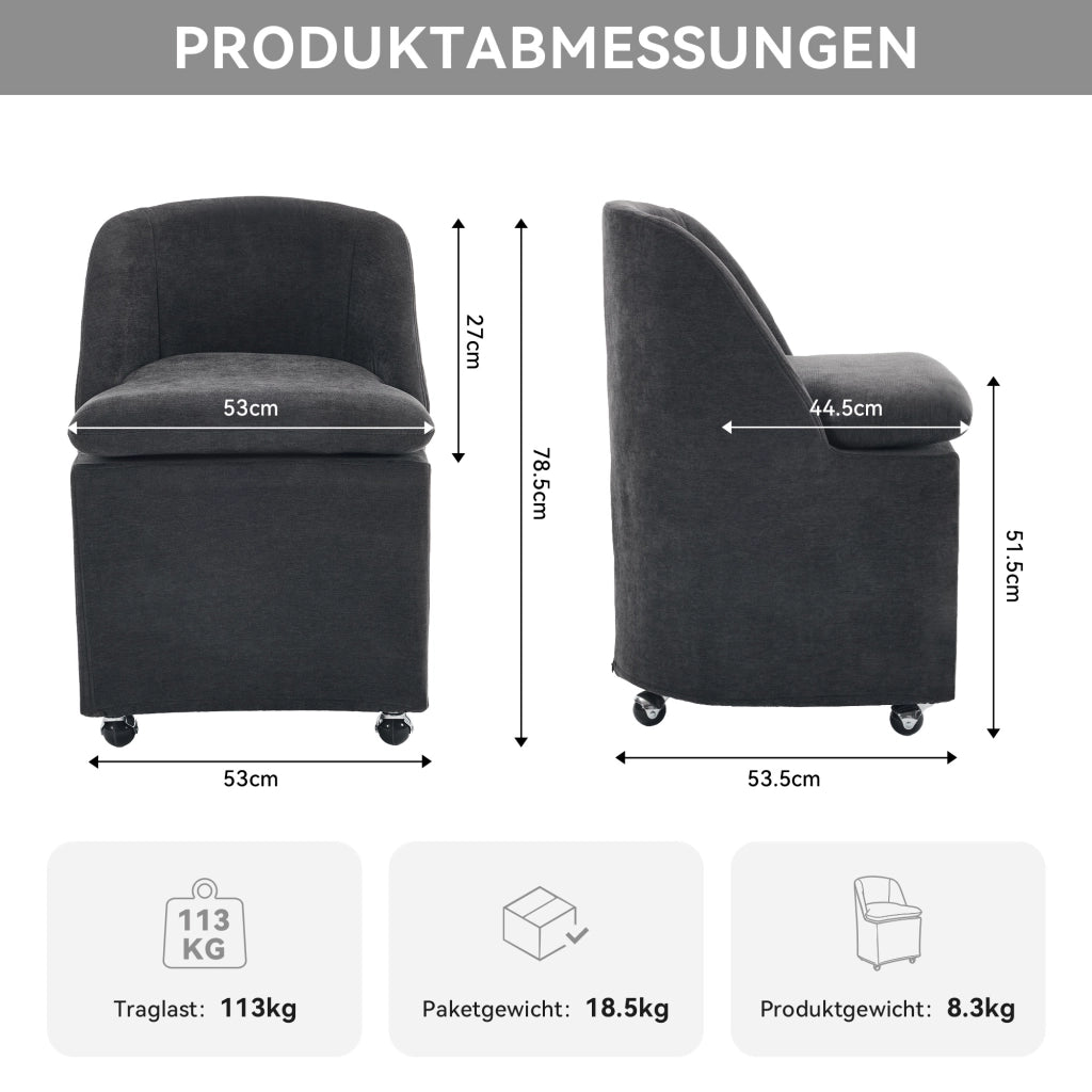 Sedia girevole imbottita in tessuto Chenille grigio, sedia da pranzo con ruote universali, schienale ergonomico, set da 2