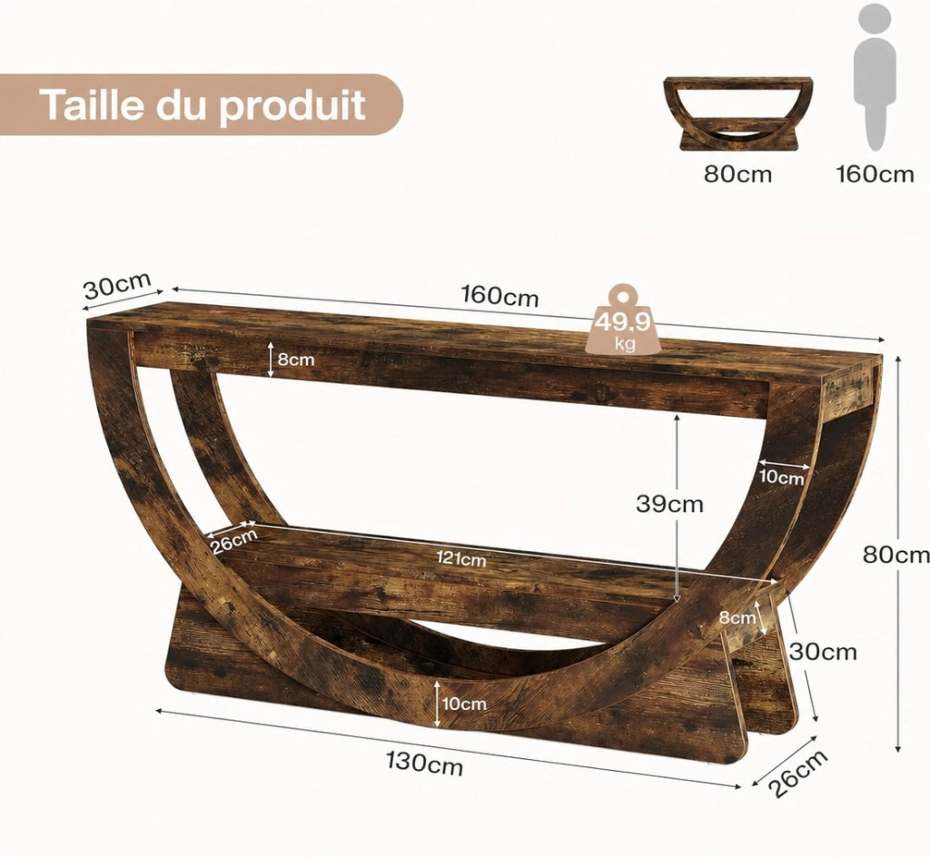 Mobile porta TV con 2 ripiani aperti e schienale curvo, per soggiorno, in MDF, marrone rustico, 160 × 30 × 80,5 cm