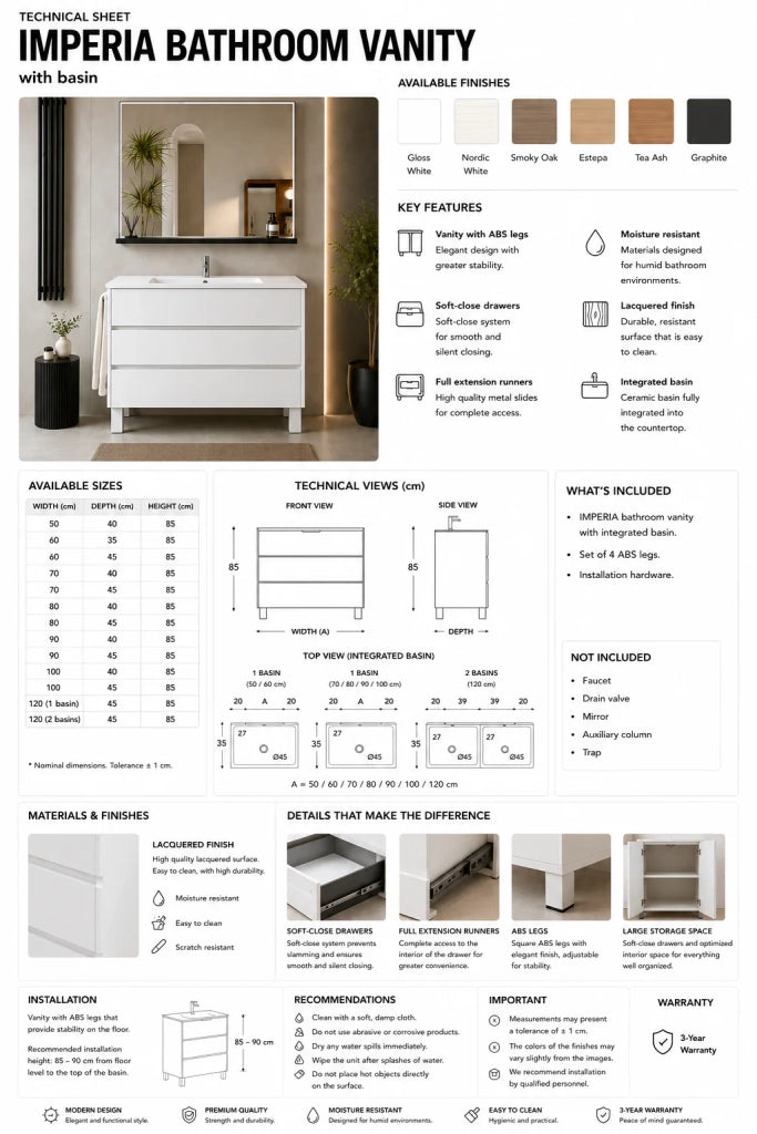 Mobile bagno con lavabo ORIGENBATH IMPERIA senza specchio 80x40 cm bianco nordico