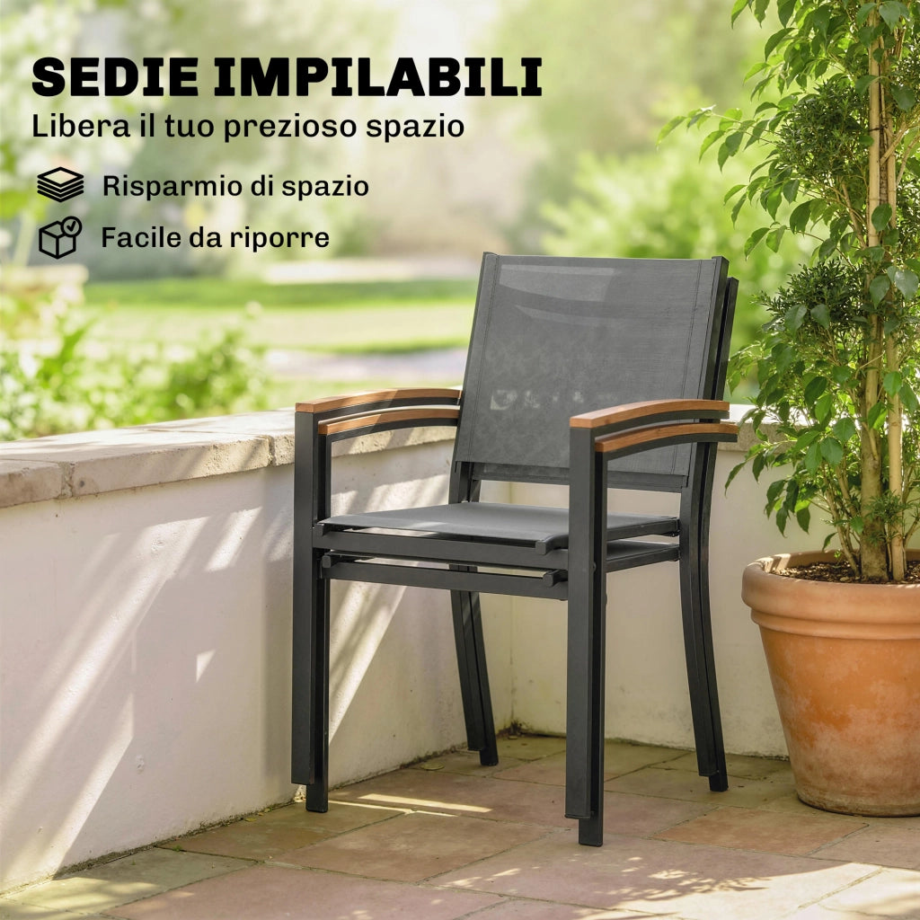 Set 2 Sedie da Giardino in Texteline e Metallo con Braccioli Effetto Legno, 56x62x89 cm, Grigio