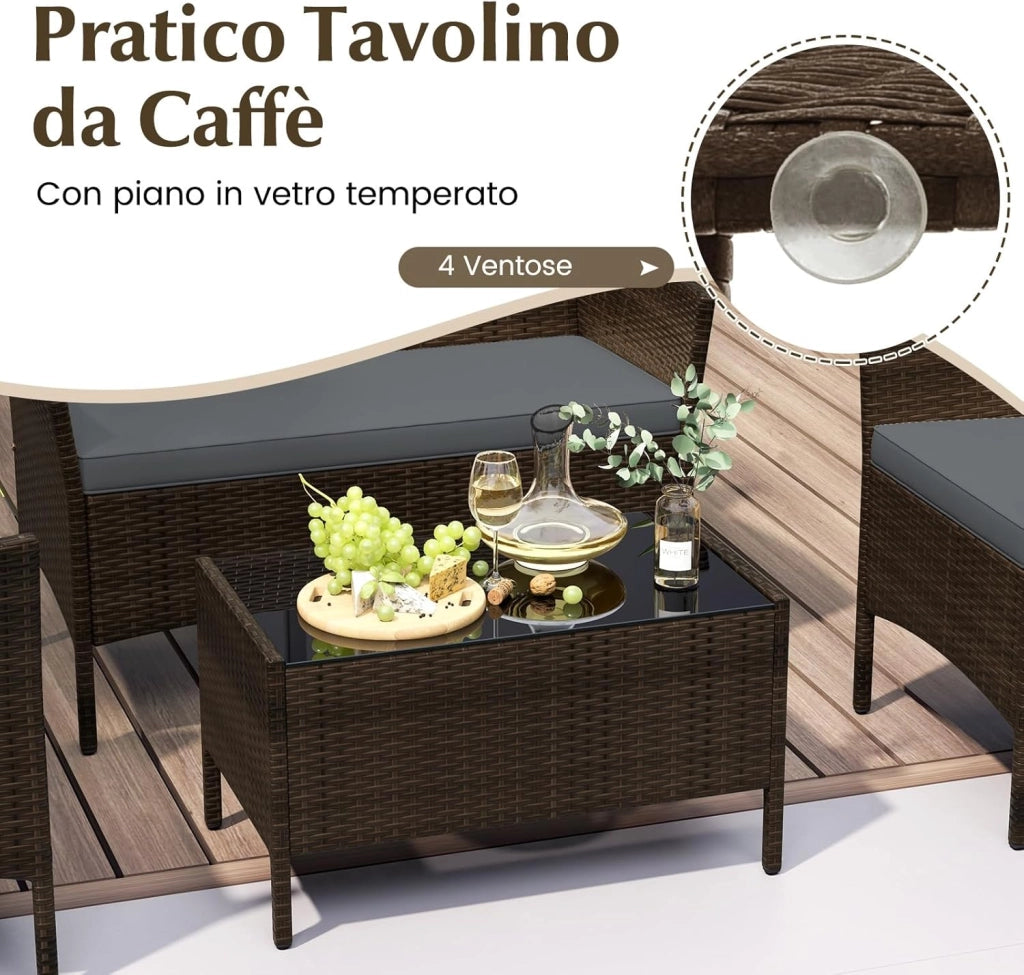 Set di Salotto da Giardino in Rattan 4 Pezzi, Set Mobili da Esterno in Vimini con Cuscini Morbidi, Divanetto e Poltrona con Tavolo in Vetro Temperato per Giardino e Veranda (Grigio)