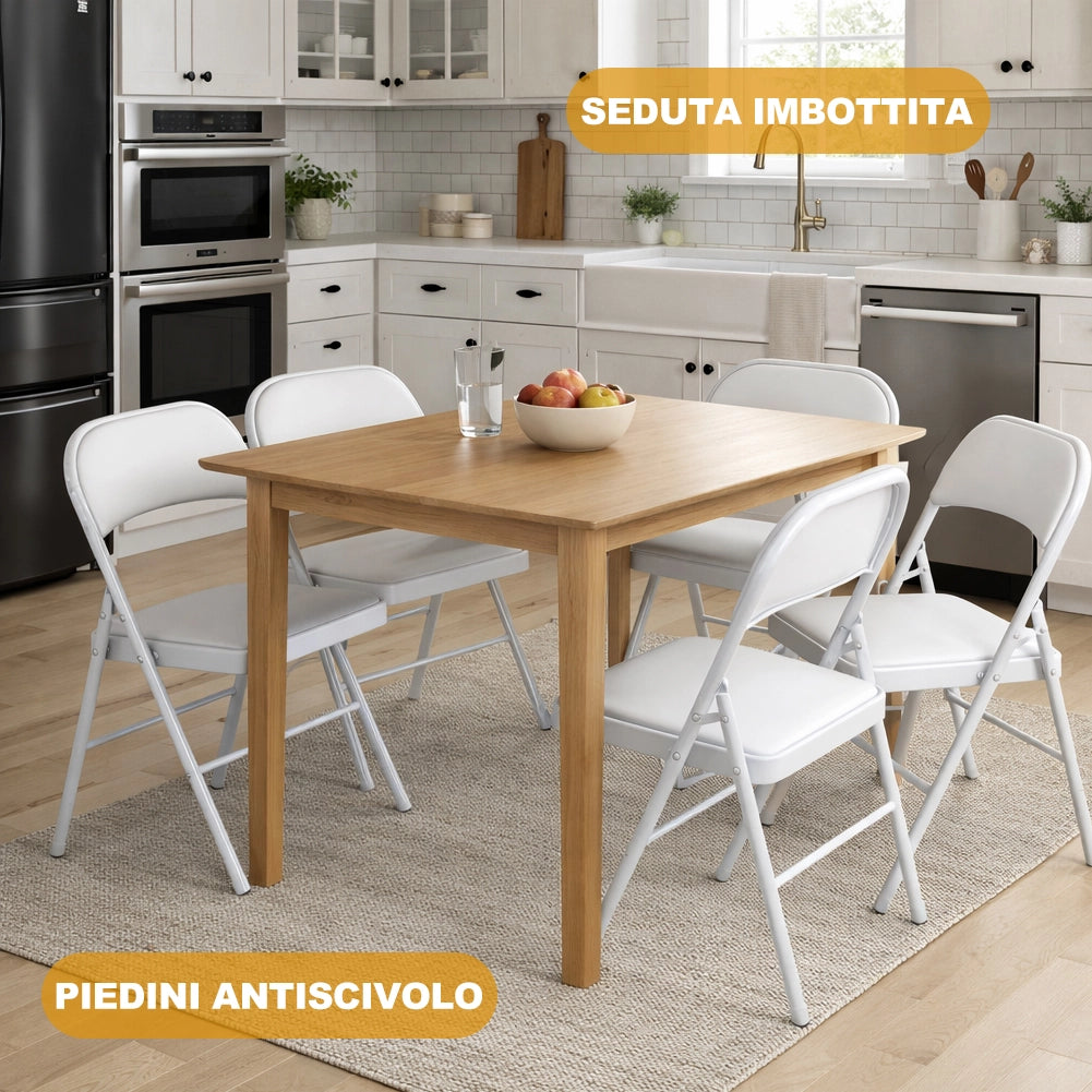 Set 4 Sedie Pieghevoli Metallo Ecopelle Imbottita Ergonomiche Salvaspazio Bianco