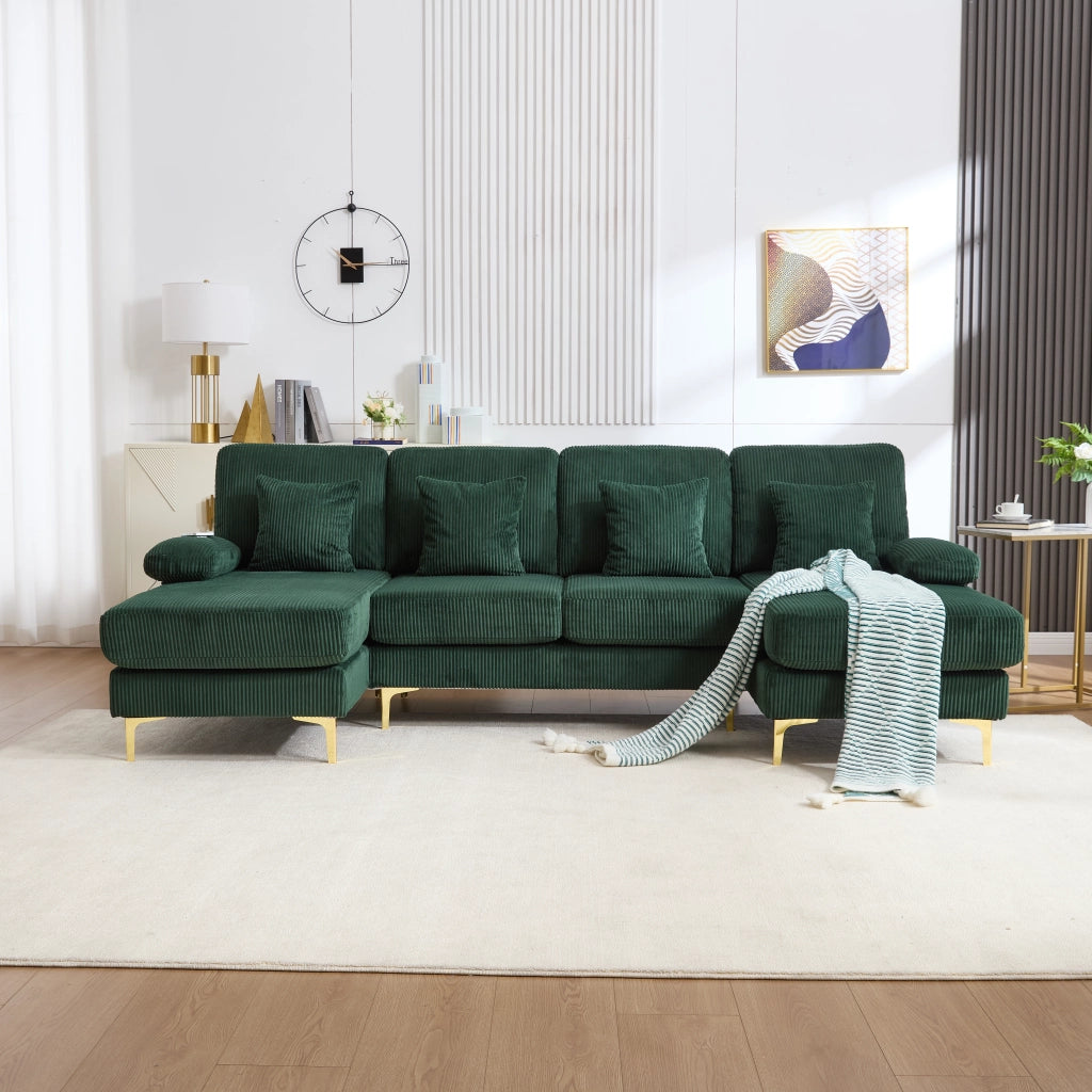Divano a U moderno - Zephmum- LED e USB-C, struttura in legno massello, 4 cuscini, ergonomico, verde scuro