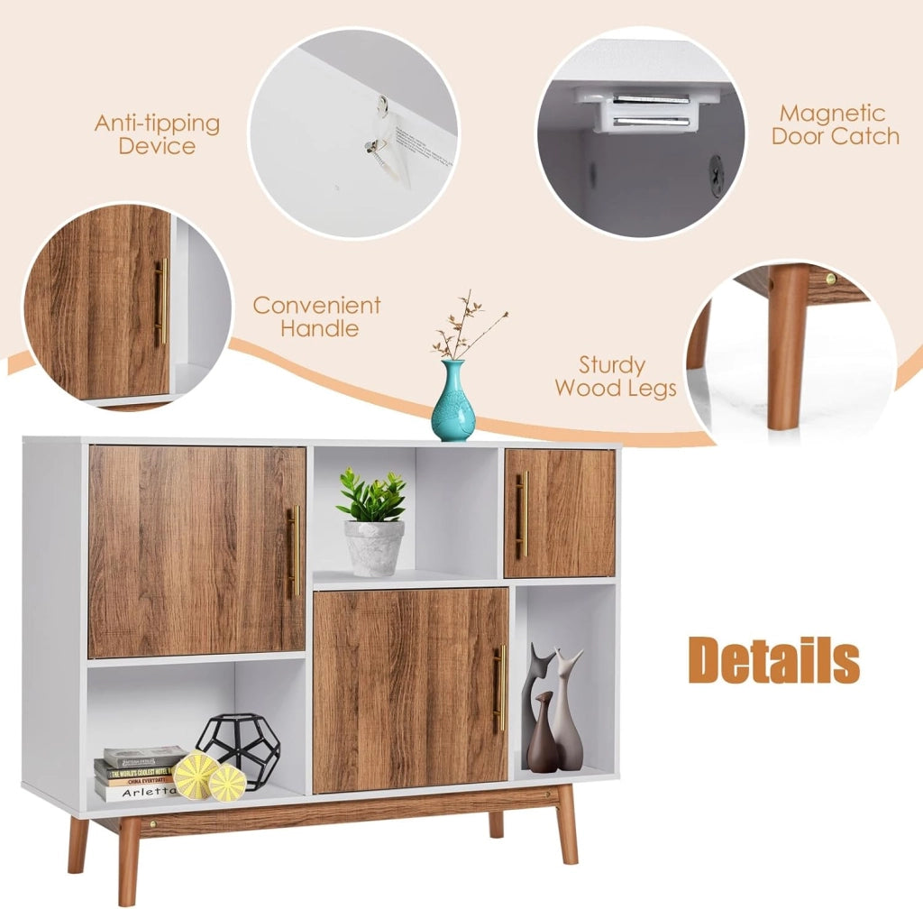 Credenza in legno, armadietto a buffet con 6 scomparti, con manici in metallo e dispositivo di sicurezza ribaltabile, 95 x 33 x 76 cm, cassettiera per soggiorno, cucina (bianco + marrone)
