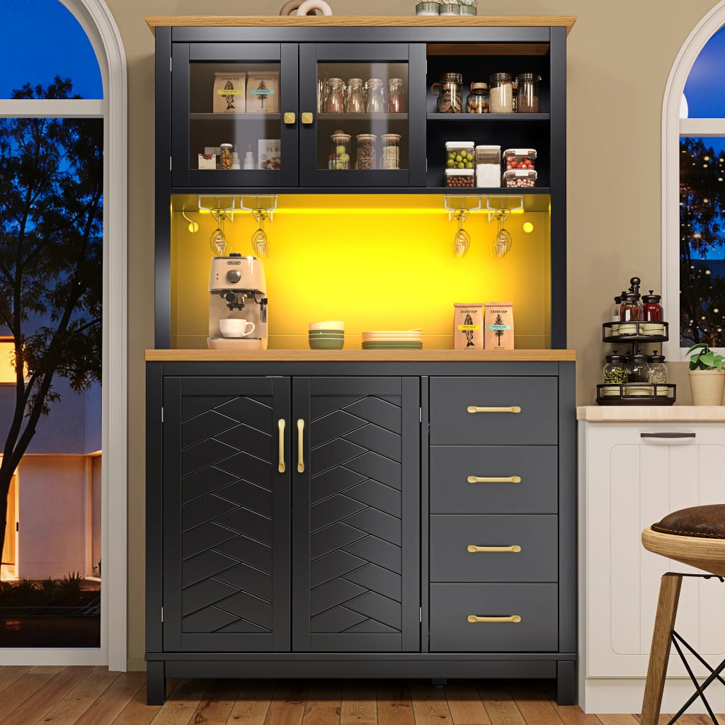 OKWISH Credenza da Cucina con Ante, Cassetti, Ripiani Interni e LED, Stile Retrò Moderno, in MDF, Nero, 105.5×40×180 cm