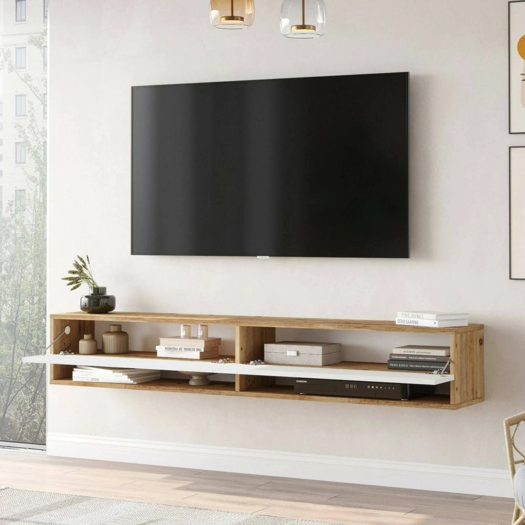 Mobile porta TV Compasso, Credenza da soggiorno, Armadio basso per TV, Base parete attrezzata, 180x32h29 cm, Quercia e Bianco