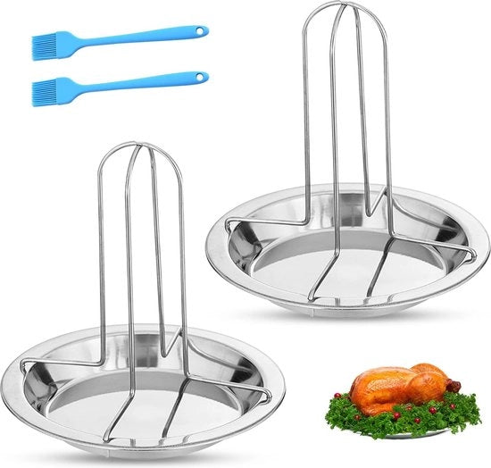 Pacco di 2 Stendini per Polli, Griglia Verticale per Polli in Acciaio Inox 304 con 2 Pezzi Pennelli per Olio per Cucina per Forno Griglia Campeggio Esterno Utensili da Cucina