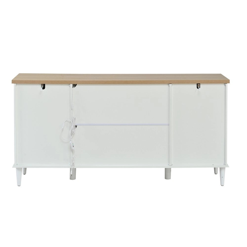 Credenza Soggiorno con LED, 6 Cassetti e 2 Ante ¨C MINIMAL ¨C Bianco/Legno 150x40x75