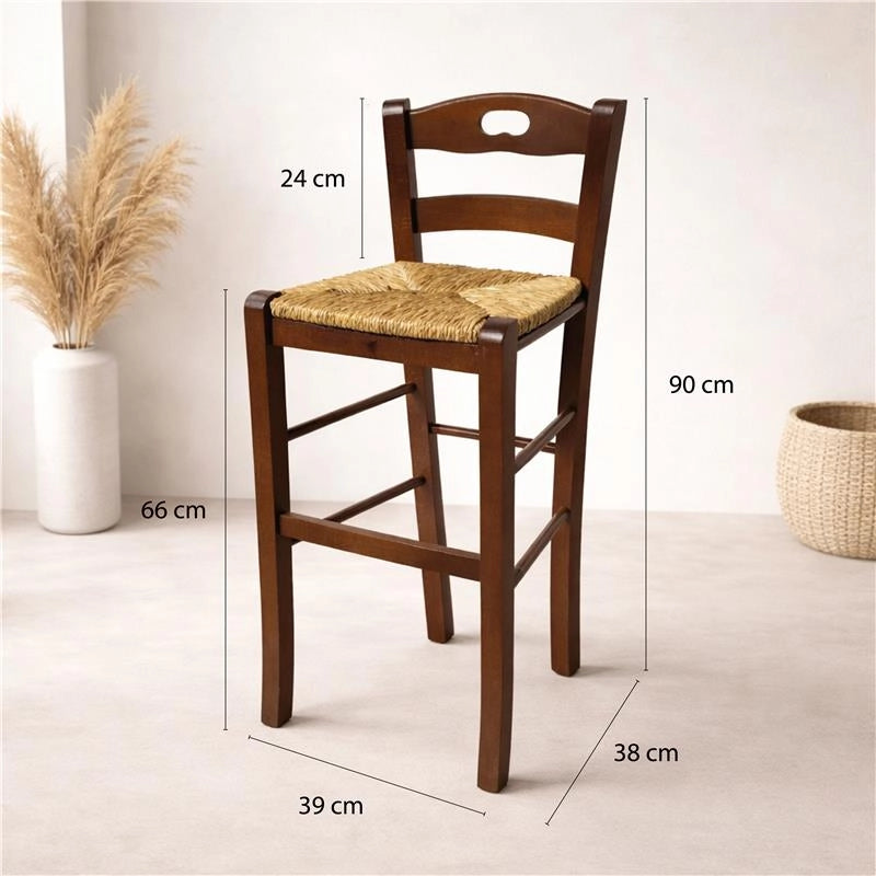 SET 4PZ SGABELLI SNACK CON SEDUTA IN PAGLIA COLORE NOCE 39X38X90CM STILE RUSTICO SCHIENALE ALTO