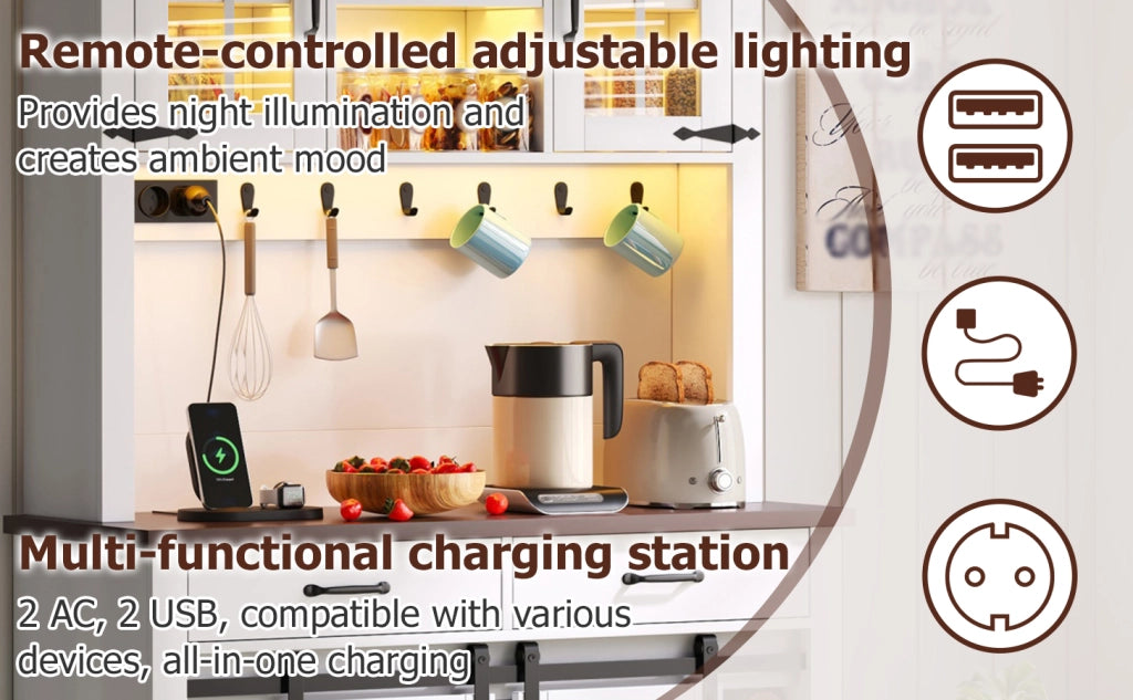 Credenza alta con LED RGB, 2 ante scorrevoli e 6 cassetti, per cucina e soggiorno, bianco, 108 × 40 × 180 cm