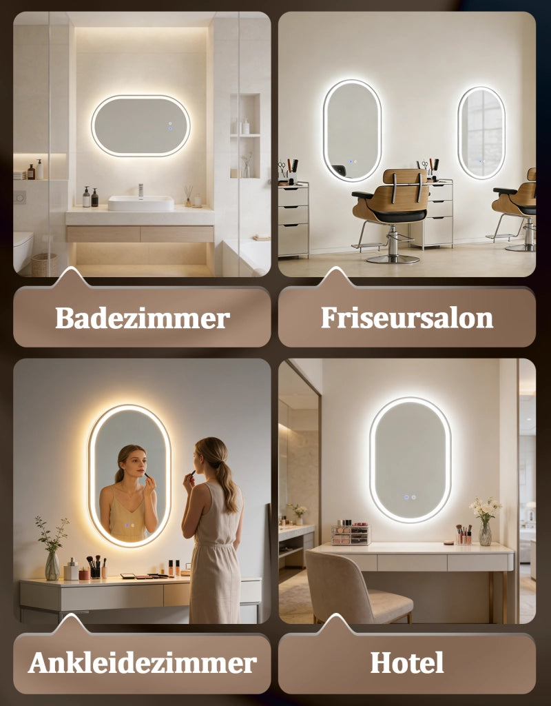 ZMH Specchio da bagno ovale con luce LED 50x80 cm parete touch antiappannamento IP44 dimmerabile 3000K-6500K