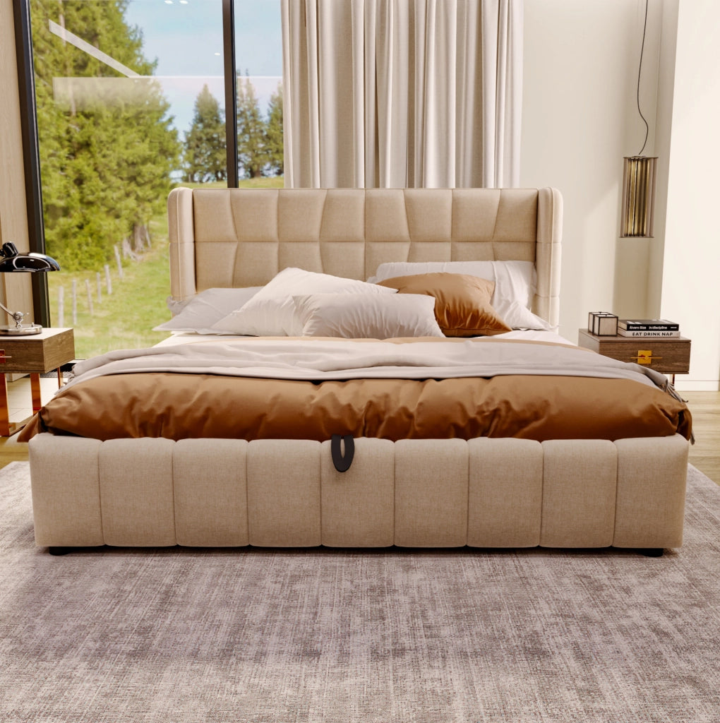 Letto imbottito 180x200 cm con contenitore in tessuto beige
