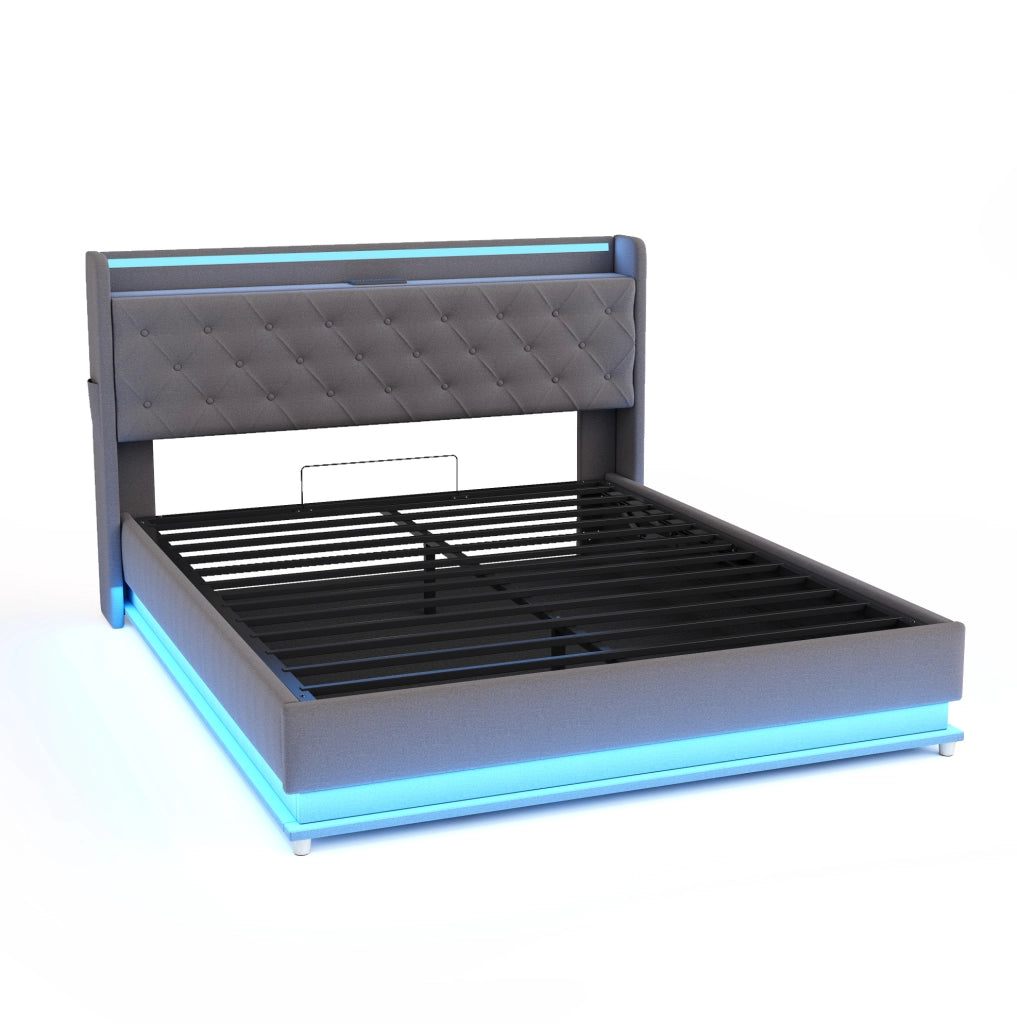 Letto imbottito LED 160x200 cm con USB e contenitore idraulico; tessuto grigio