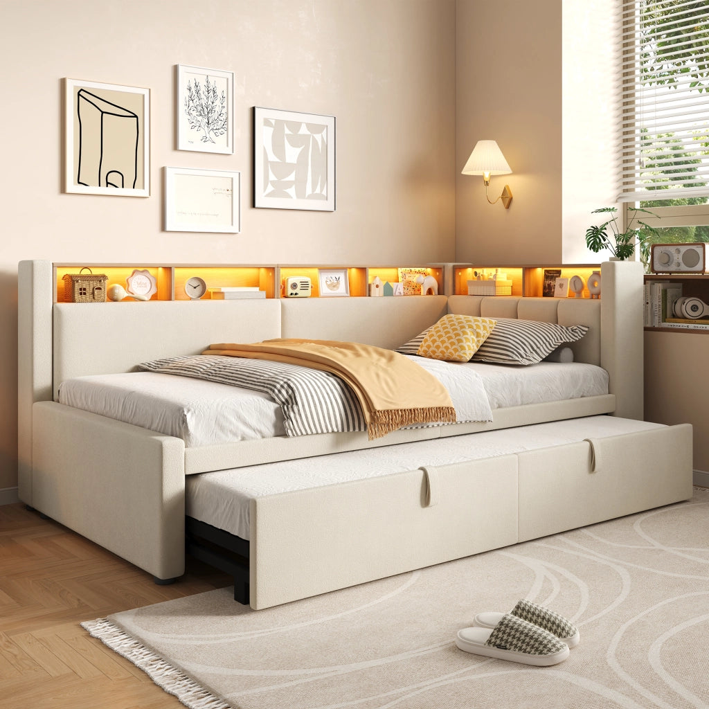 Letto singolo estraibile 90x200 cm in lino e MDF; beige; con LED e testiera contenitore