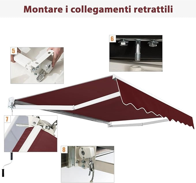 Tenda da Sole per Esterno Avvolgibile, Tenda da Sole a Bracci Estensibili con Telaio in Alluminio e Tettuccio Resistente al Sole e Impermeabile e Manovella (245 x 200 cm,Rosso)