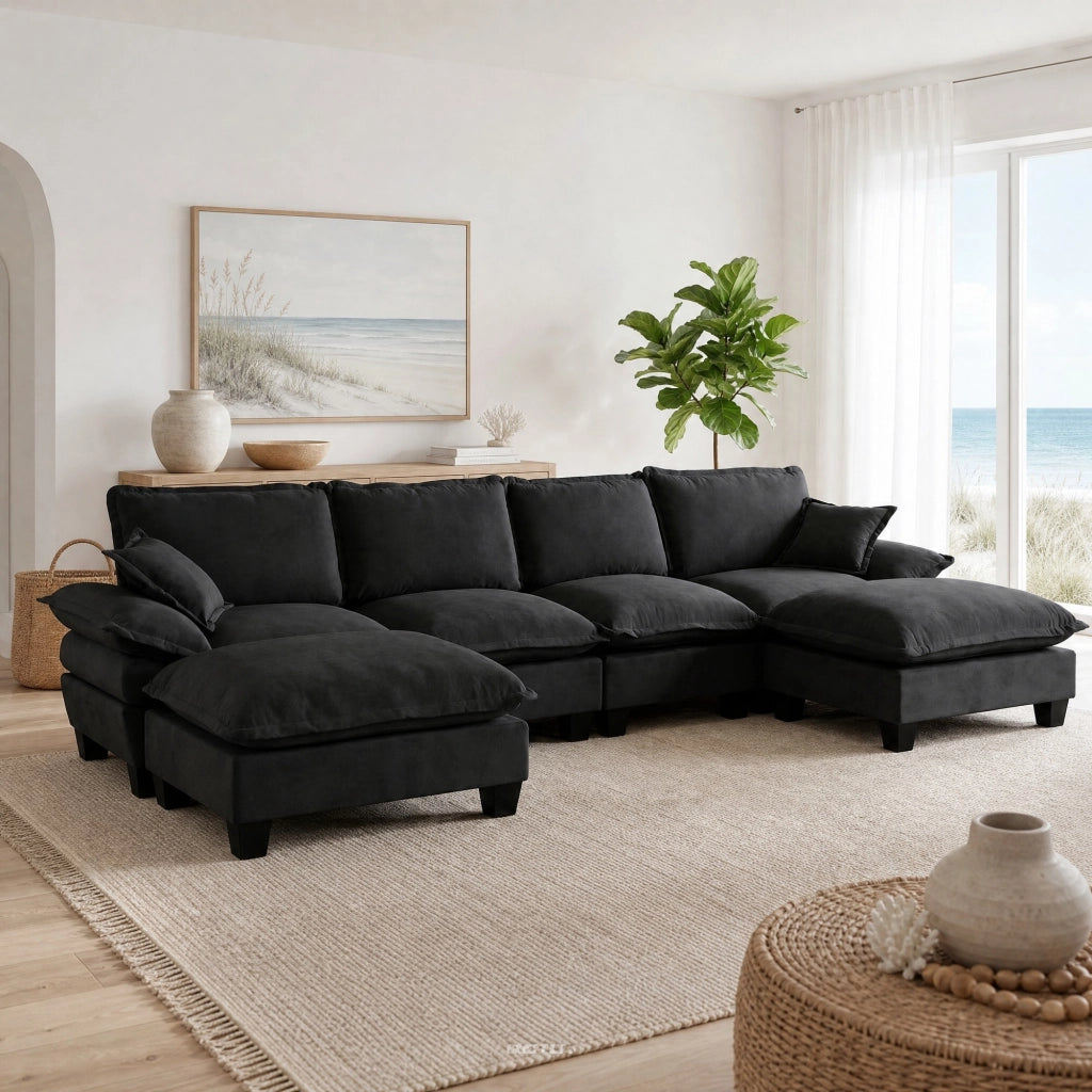 Divano angolare modulare a U 6 posti con ottomani rimovibili, tessuto Chenille, Nero 323 × 151 × 90 cm