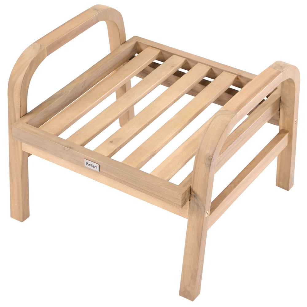 Pouf da giardino in legno di acacia chiaro con imbottitura beige chiaro, design a doghe, per terrazze all'aperto, stile moderno