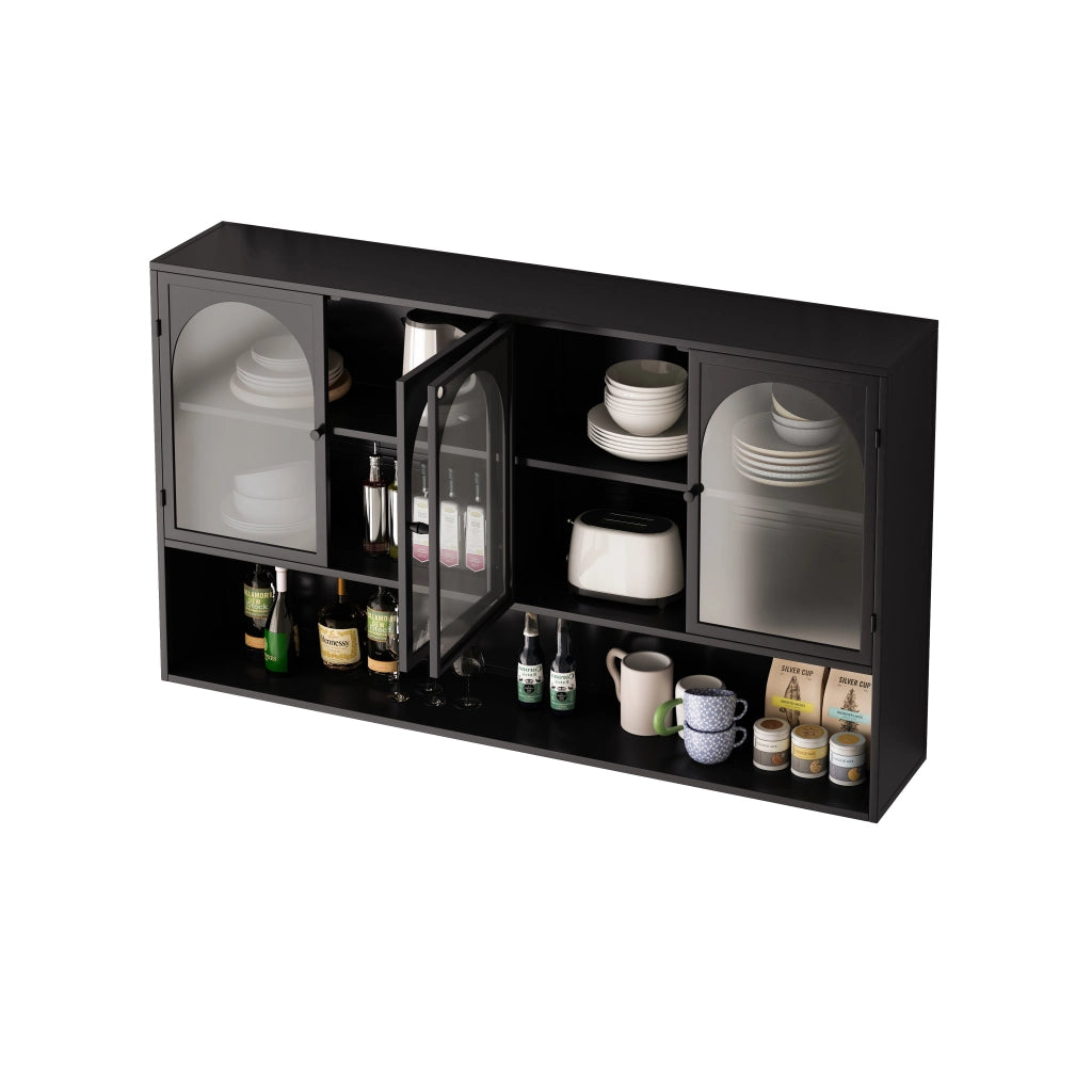 Vetrina a parete con 4 ante e ripiani in vetro e metallo per cucina e soggiorno nero e grigio 120×23×70 cm