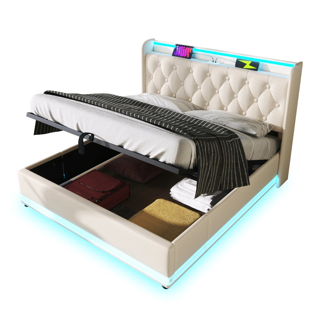 Letto imbottito idraulico con LED USB 140x190 cm colore PU bianco