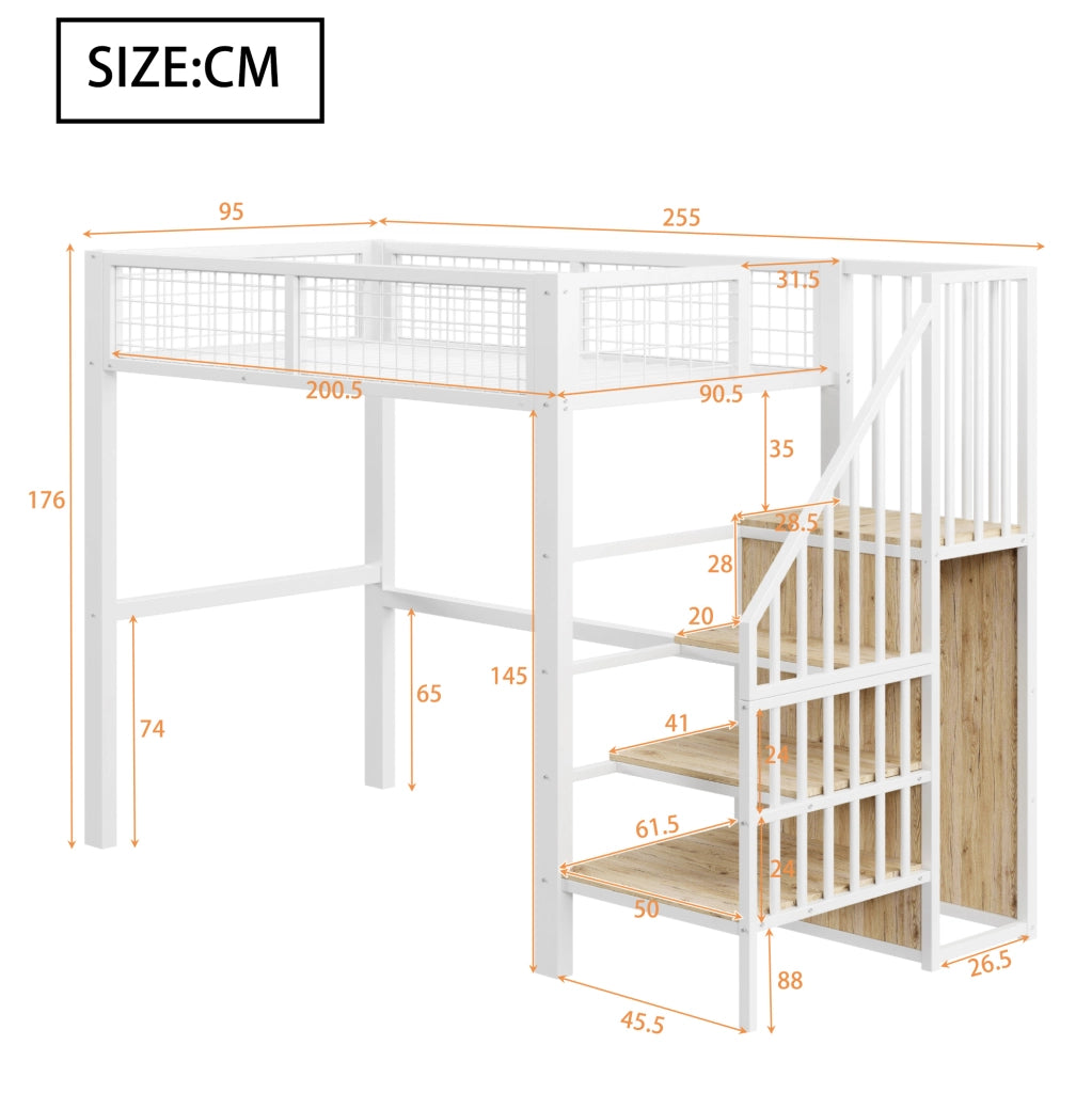 Letto a soppalco 90x200 in metallo con scala di sicurezza e armadio integrato