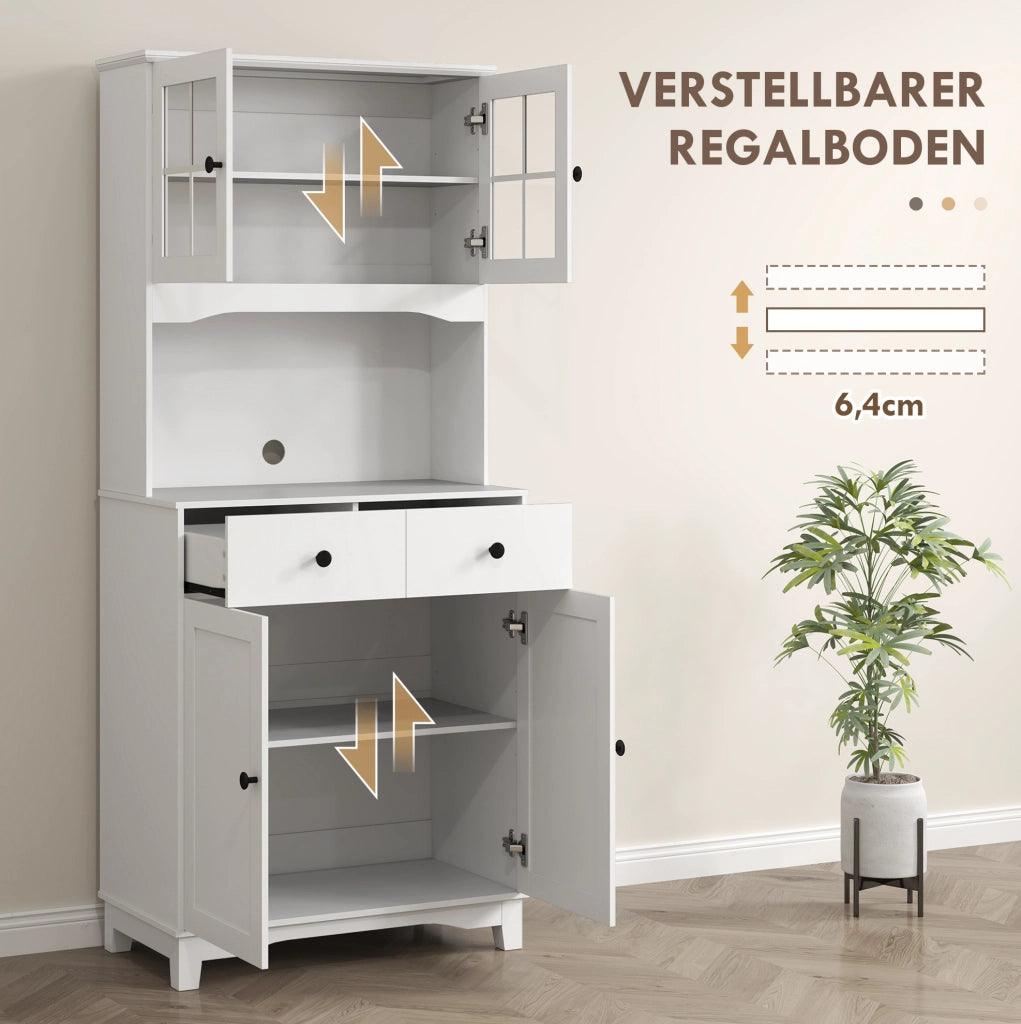Mobile alto da cucina con ripiano per microonde; 2 armadietti e 2 cassetti; bianco