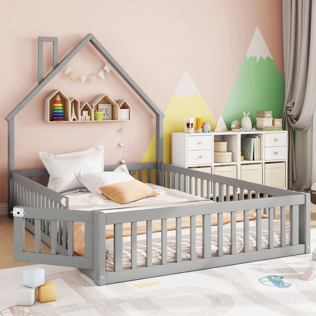Letto Casetta 140 × 190 cm; 2 Posti con Sponda di Sicurezza e Forma Camino; senza Materasso; Grigio