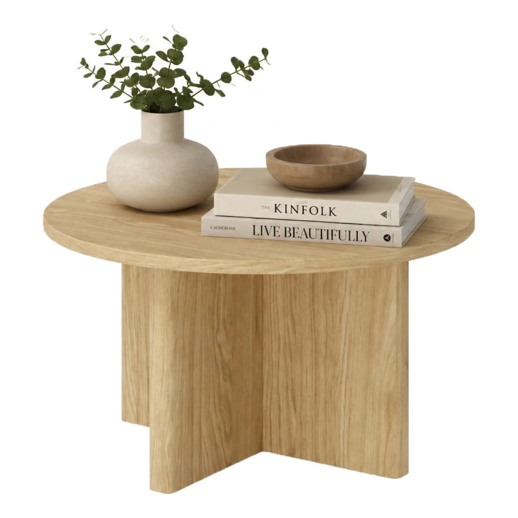Kasi, Tavolino da Salotto Forma Rotondo, 90x90x49h cm Marrone Rovere
