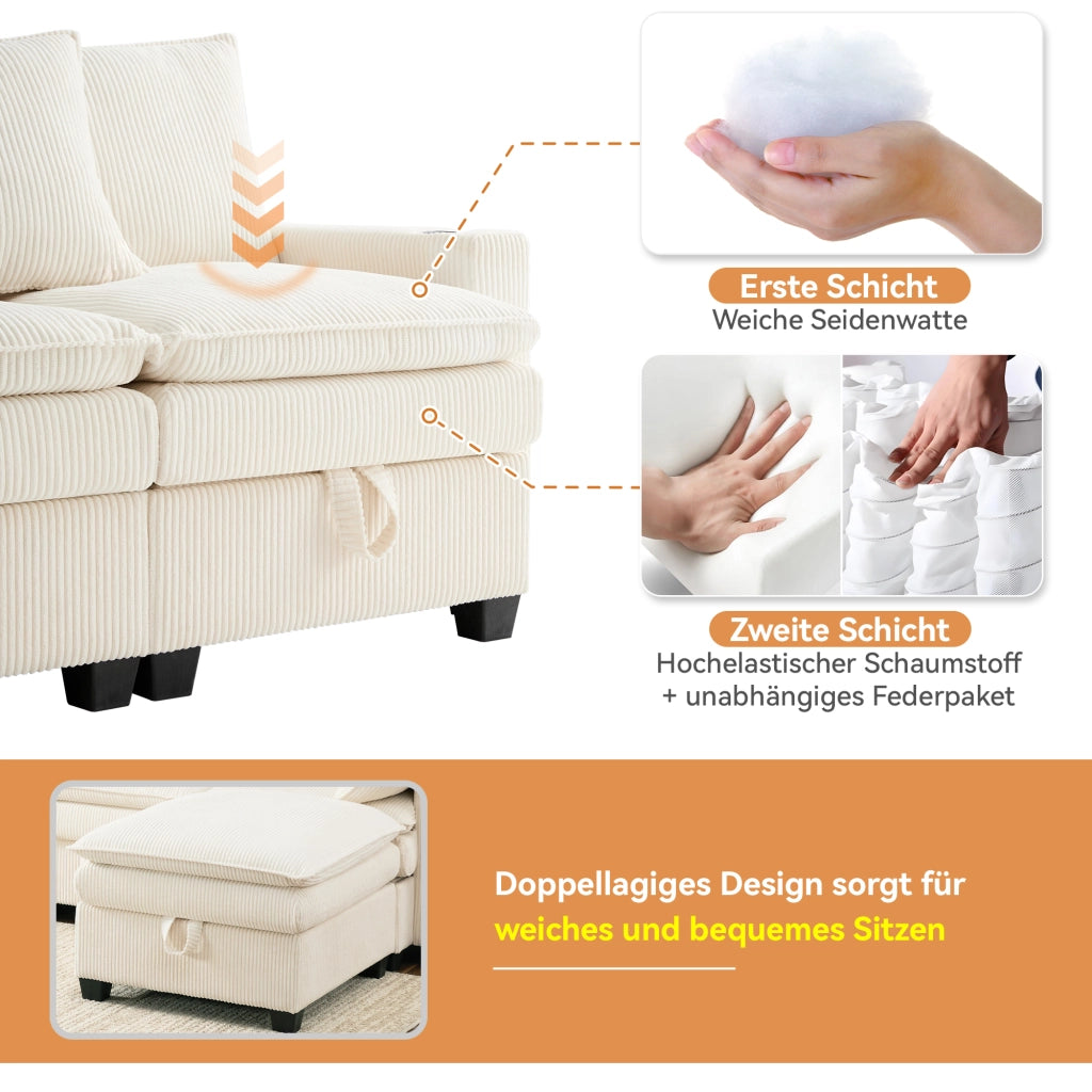 DIVANO Modulare L/U 280x151x82 cm Corduroy Beige con 2 poggiapiedi