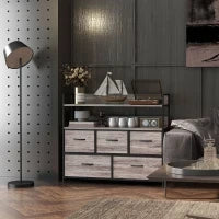 Comò 5 Cassetti in Tessuto Piegevoli e Rimovibili, con Ripiani, in Stile Industriale, 98l x 29P x 85H cm, Grigio