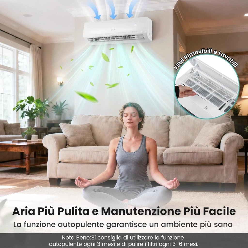 Climatizzatore Monosplit, Condizionatore Split con Pompa di Calore, Tecnologia Inverter, Flusso d’aria 4D con 8 Velocità, Funzione di Autopulizia e Timer di 24 ore (9000BTU, 2,6kW)