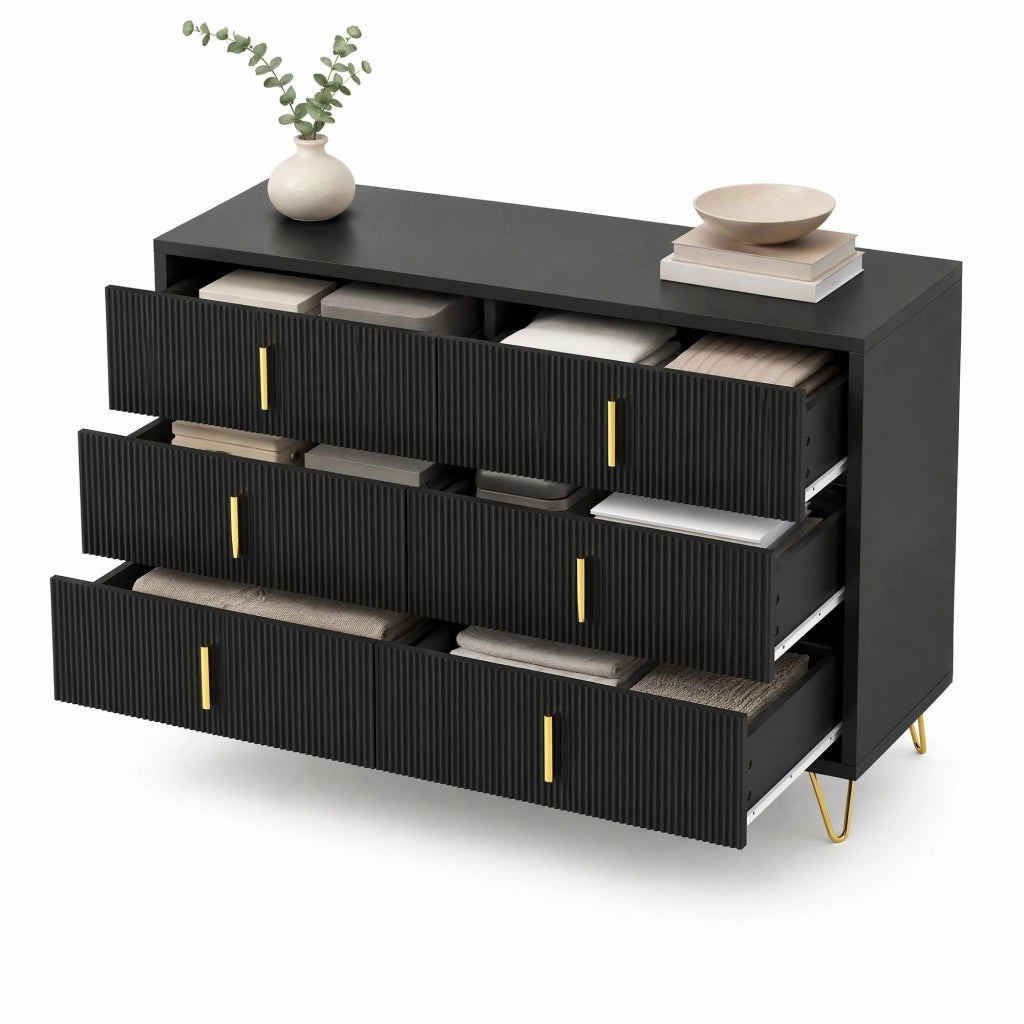 Credenza moderna a 6 cassetti 120x40x77 cm in truciolare nero e oro