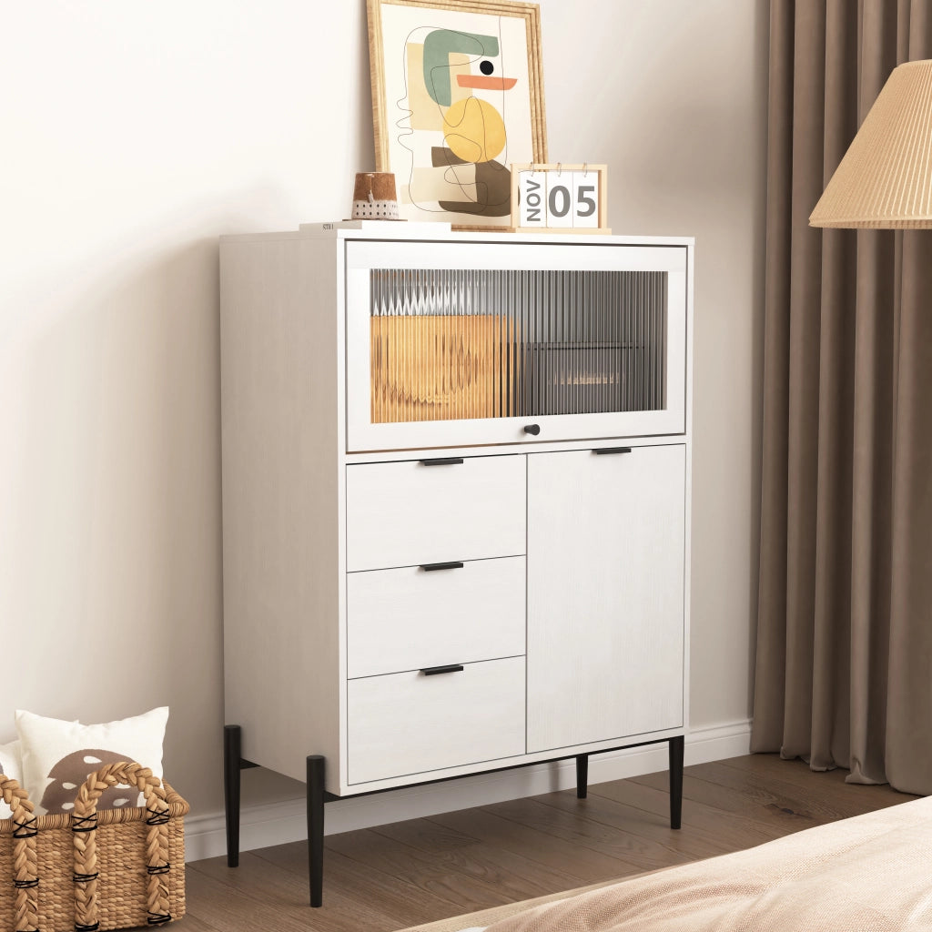 OKWISH Credenza con 3 Cassetti, 1 Anta e 1 Anta in Vetro, Ripiani Regolabili, per Cucina o Sala da Pranzo, Bianca