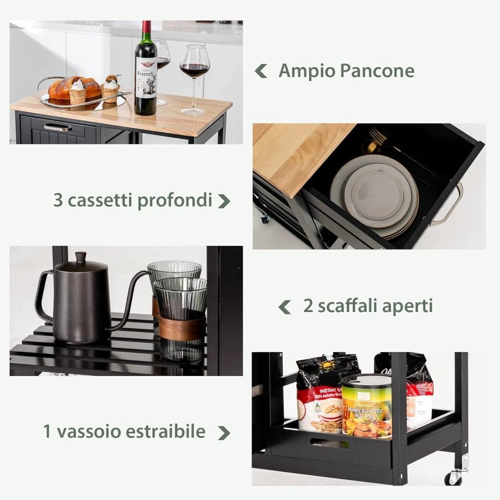 Carrello da Cucina con Ruote, Credenza Cucina con 4 Ripiani e 3 Cassetti, in Legno, Ideale per Cucina Ristorante e Bar, 67 x 37 x 83,5 cm (Nero)