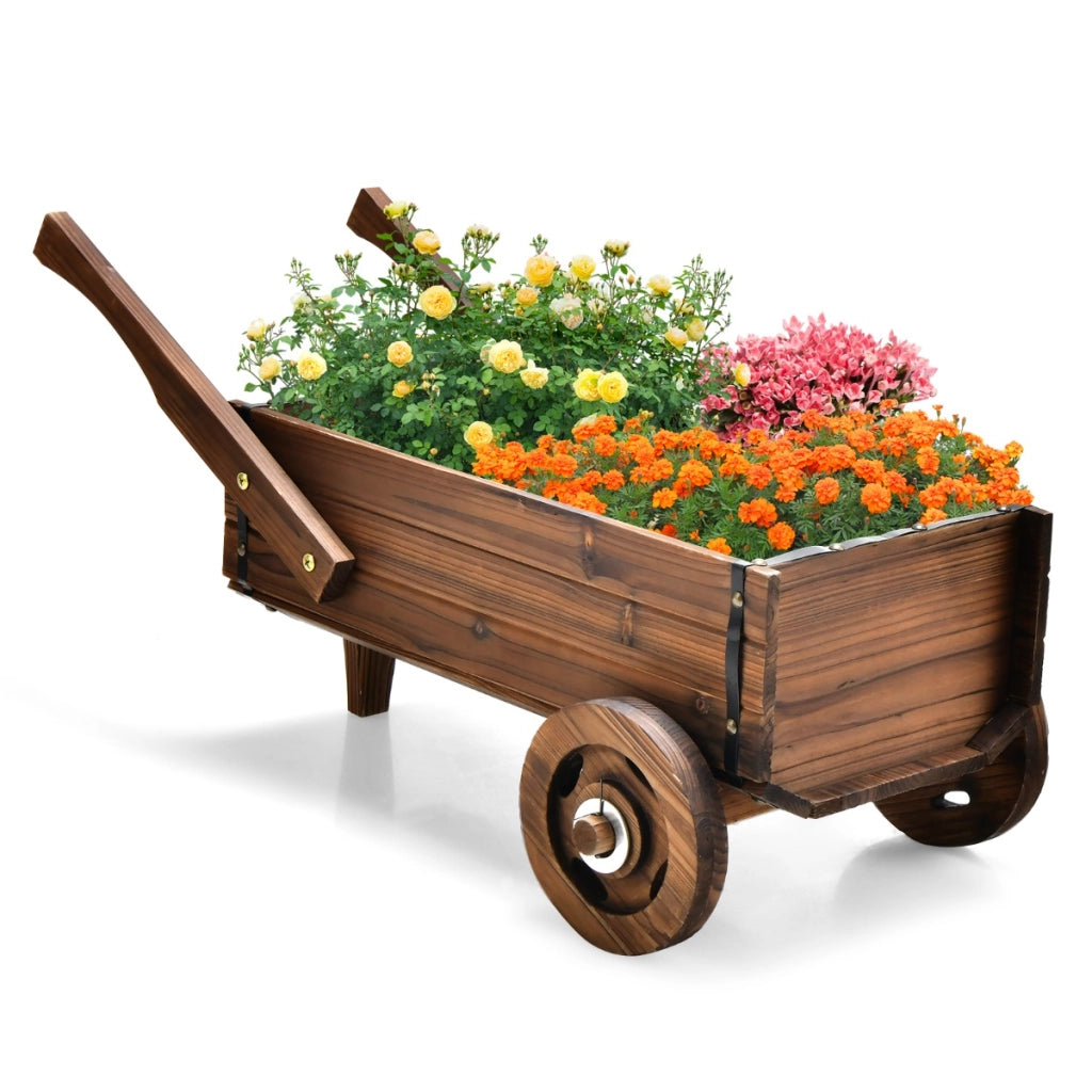 Carrello fioriera con ruote maniglie foro di drenaggio, Fioriera a forma di carretto per interno esterno Marrone-Fioriere