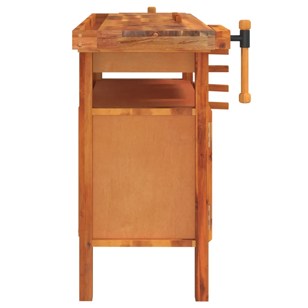 Banco da lavoro con cassetto e morse 124x52x83 cm in legno massello di acacia 153321