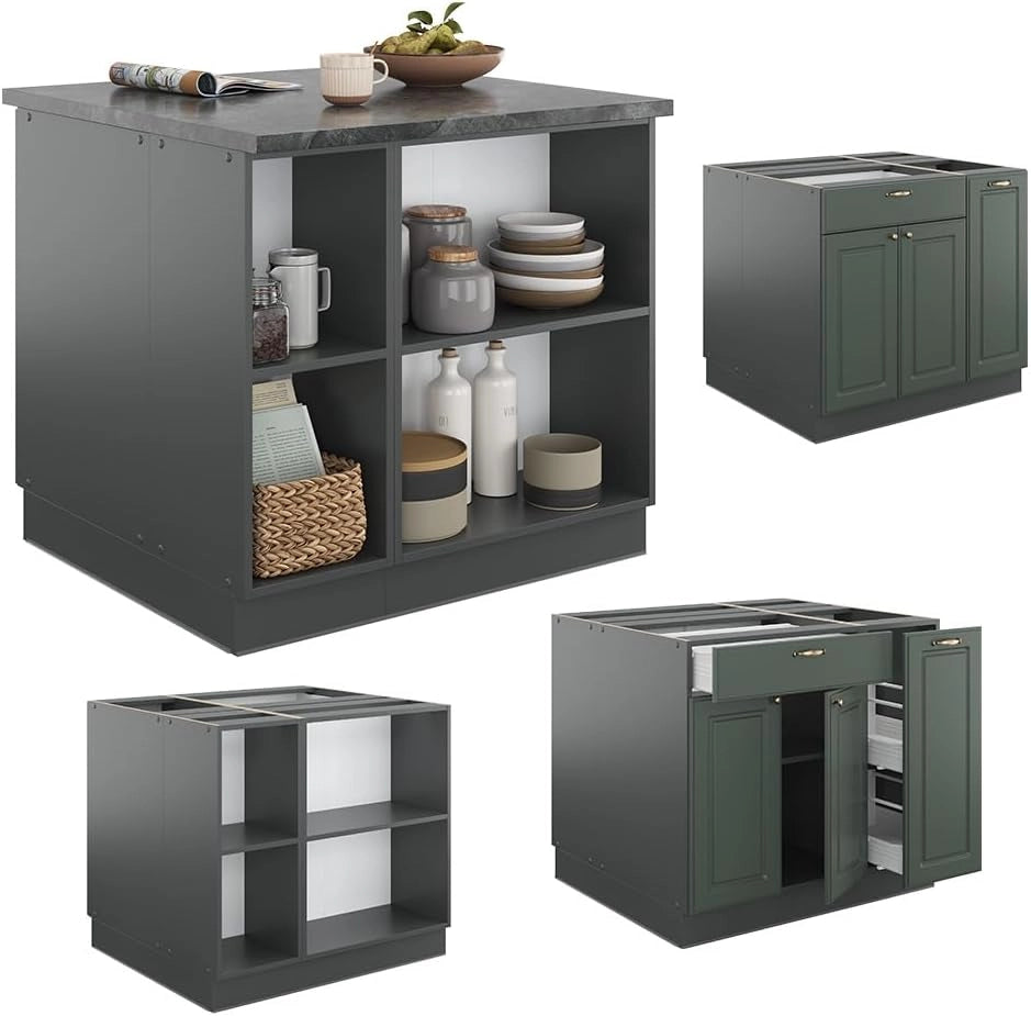 Isola cucina Fame-Line, Verde-oro Country House/Antracite, 90 cm con cassetto, senza piano di lavoro, per l'espansione flessibile tramite moduli aggiuntivi compatibili